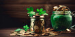 Pot with gold coins horseshoe clover Banner four leaves patrick's day concept green background.  