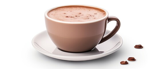Poster - Hot cacoa drink with cocoa powder isolated on white background. Creative Banner. Copyspace image