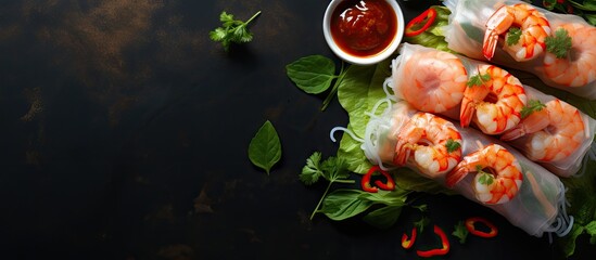 Wall Mural - Fresh spring rolls with shrimp in rice paper Rice paper rolls with shrimp rice noodles mango lettuce and sauce. Creative Banner. Copyspace image