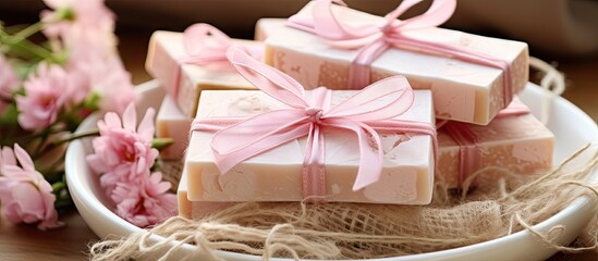 Aufkleber - Guest favors 15 years girl birthday party favors wedding bridal souvenirs handmade soaps gift pink white colors baptism baby shower first communion presents decor wiht jute burlap fabric flower