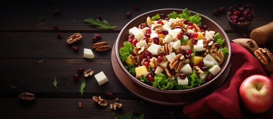 Aufkleber - Homemade Autumn Apple Walnut Spinach Salad with Cheese and Cranberries. Creative Banner. Copyspace image