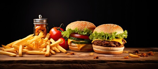 Wall Mural - French fries fall next to cheeseburger lying on vintage wooden cutting board Freeze motion. Creative Banner. Copyspace image