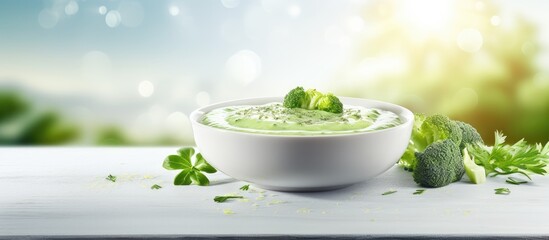 Green soup Broccoli cream soup with cream and parmesan Healthy vegan dish Top view at white table. Creative Banner. Copyspace image