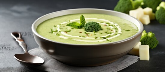 Aufkleber - Green soup Broccoli cream soup with cream and parmesan Healthy vegan dish Top view at white table. Creative Banner. Copyspace image