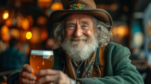A Jolly Old Man In A Hat And Green Jacket Drinking Beer In An Irish Pub