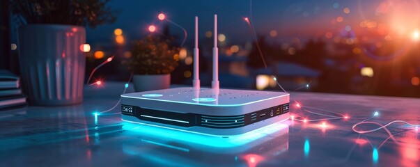 generic modern high speed 5g next generation router for home secure networks and online communication high bandwidth internet technology as wide banner with copy space area and datum, Generative AI