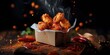chicken classic nuggets tenders meal in container box ,boneless wings or chicken breast pieces in buffalo barbeque, or spicy sauce flying ingredients and spices food commercial ads, Generative AI