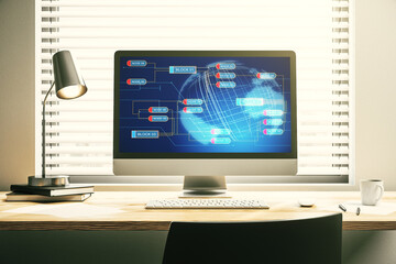 Wall Mural - modern computer display with abstract software development hologram and world map, global research a