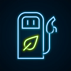 Sticker - Glowing neon line Petrol or gas station icon isolated on black background. Car fuel symbol. Gasoline pump. Colorful outline concept. Vector