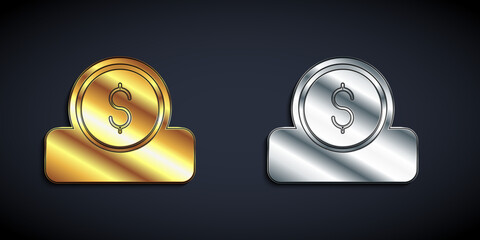 Canvas Print - Gold and silver Coin money with dollar symbol icon isolated on black background. Banking currency sign. Cash symbol. Long shadow style. Vector