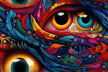 Wall Mural - seamless pattern with looking eyes on multicolored rainbow bright gradient background