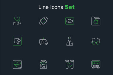 Sticker - Set line Monitor with cardiogram, Test tube blood, Emergency call 911, Heart rate, Glasses, Male doctor, Ambulance and Dental clinic location icon. Vector