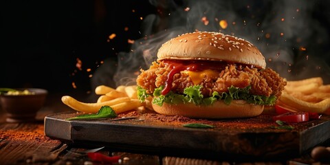 fresh crispy fried chicken burger sandwich with flying ingredients and spices hot ready to serve and eat food commercial advertisement menu banner with copy space, Generative AI