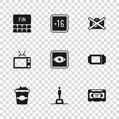 Sticker - Set Movie trophy, Cinema ticket, VHS video cassette tape, Rating movie, Prohibition no recording, auditorium with screen, Plus 16 and Retro tv icon. Vector