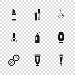 Canvas Print - Set Cream or lotion cosmetic tube, Bottle of shampoo, Acne, Lipstick, Mascara brush and nail polish icon. Vector