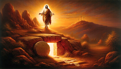 Wall Mural - Oil painting illustration of resurrection of Jesus Christ with empty tomb sunbeams