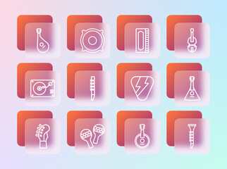 Sticker - Set line Violin, Maracas, Guitar pick, Banjo, Flute, Harmonica, Bandura and Stereo speaker icon. Vector