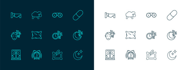 Canvas Print - Set line Sleeping pill, Alarm clock, Pillow, Contact lens container, Bed and Sheep icon. Vector