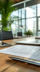 Wall Mural - A desk with a laptop, a phone, a pen, and a contract on it