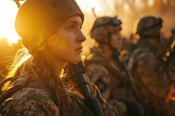 Wall Mural - Woman soldier in military uniform on sunlights background