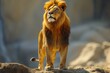 Close up of a male lion with a majestic mane standing on a rock