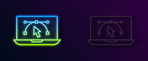 Glowing neon line Computer display with vector design program icon isolated on isolated on black background. Photo editor software with user interface. Vector