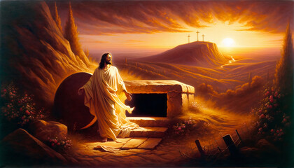 Wall Mural - Oil painting illustration of resurrection of Jesus Christ with empty tomb
