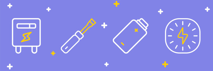 Poster - Set line Lightning bolt, Battery charge, Screwdriver and Electric meter icon. Vector