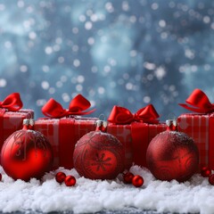 Poster - Red and white Christmas ornaments and gifts on snow against blurred blue background