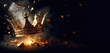 Shattering golden royalty queen crown. Blasting fiery background. Isolated black background with copy space. Fantasy exploding medieval crown. Rise and fall of an empire. Dynasty downfall. 