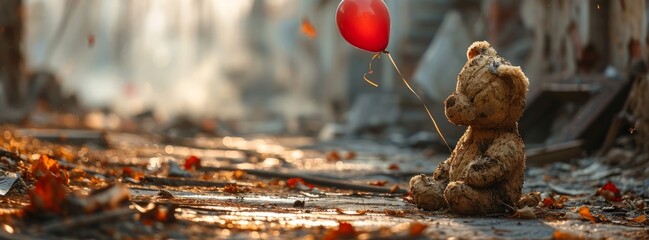 kids teddy bear toy with balloons over city burned destruction of an aftermath war conflict, earthquake or fire and smoke of world war against children peace innocence as copyspace, Generative AI