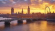 London cityscape with the Palace of Westminster and the London Eye at sunset