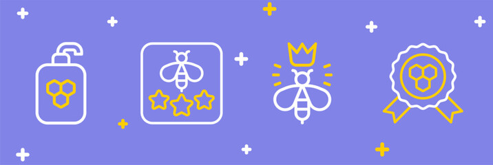 Sticker - Set line Honey award, Queen bee, Type of and Cosmetic tube with honey icon. Vector