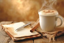 A Cup Of Coffee, A Pen And A Notebook On A Wooden Table