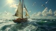 © Adobe Contributor - The wooden sailboat is sailing in the rough sea with the seagulls flying around it