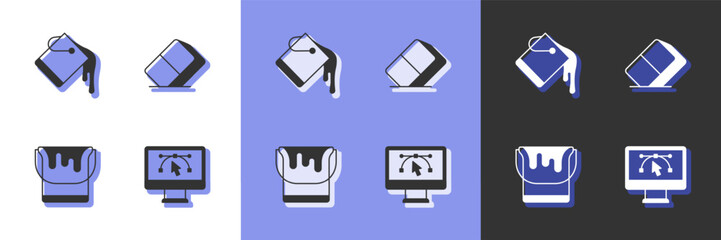 Canvas Print - Set Computer with design program, Paint bucket, and Eraser or rubber icon. Vector