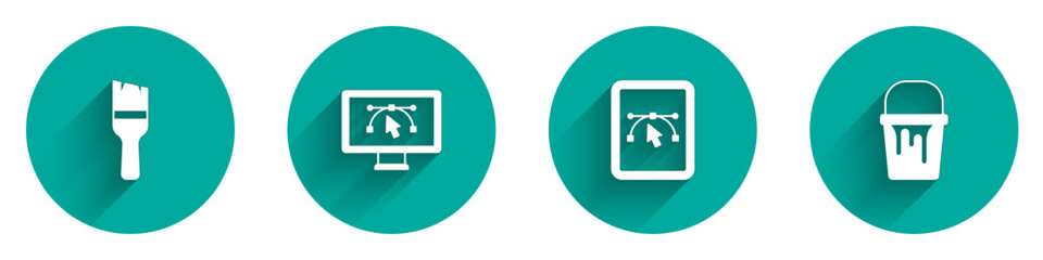Set Paint brush, Computer with design program, and bucket icon with long shadow. Vector