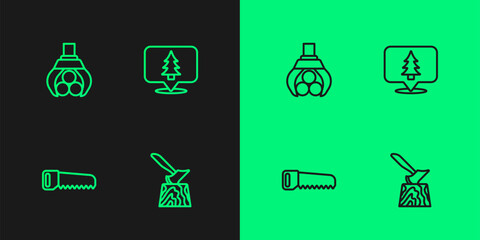 Sticker - Set line Wooden axe in stump, Hand saw, Grapple crane grabbed log and Location of the forest icon. Vector