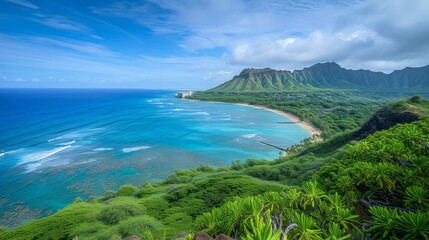 Wall Mural - Hawaii beach with green vegetation and blue ocean