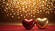 Love, Hearts, Celebration: Red and gold heart sit together, on backdrop of glowing heart-shaped lights, celebration card or romantic events invitation. Valentine day