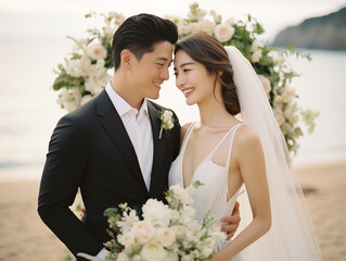 Wall Mural - Portrait of a happy bride and groom with a bouquet of flowers getting married on the beach. Wedding photography. close portrait of joyful asian newlyweds walking down the aisle on a beach.