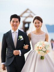 Wall Mural - Portrait of a happy bride and groom with a bouquet of flowers getting married on the beach. Wedding photography. close portrait of joyful asian newlyweds walking down the aisle on a beach.