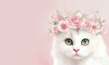 White Cat With A Wreath Of Pink Flowers On Her Head