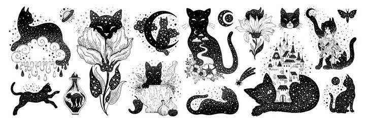 Magic black cats silhouettes. Outline tattoo art, Halloween posters with cute kitties with celestial design and quotes. Concept of witches, esoteric and mystic, vector sketch illustration