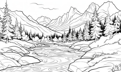 A pencil drawing of a river and mountains