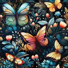 Wall Mural - seamless pattern with multicolored butterflies and flowers on black background for printing on fabri