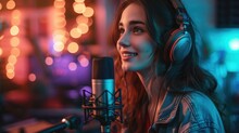 Woman Record Music Album At Sound Studio. Pretty Girl Sing Song Microphone. Professional Artist. Voice Acting Or Podcasting Concept. Talented Podcaster. Radio On Air. Live Broadcasting. Neon Light.