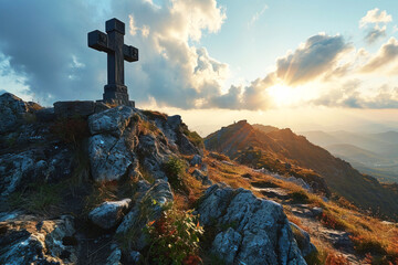 Wall Mural - Christian religious cross on mountain, symbol of faith, night clouds background, lightning. AI generated.