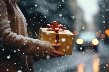 Poster - A person holding a gift in a snowy setting. This image can be used to portray the joy of giving during the winter season