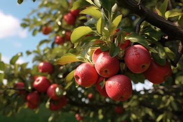 Poster - A bunch of red apples hanging from a tree. Perfect for food, harvest, or nature-related projects